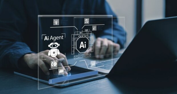 Computerdarstellung mit AI Agenten und Händen. KI verändert unsere Arbeit nachhaltig.