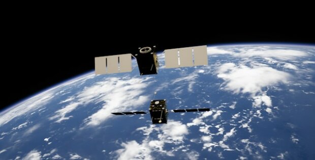 Satellit, der um die Erde kreist. Sie sind die Lösung für Internetim ländlichen Raum.